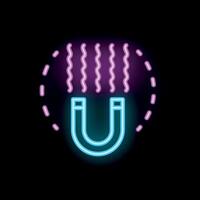 Neon icon of a magnet generating a magnetic field with lines of force vector