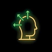 Neon head with arrows showing brain activity representing thinking process vector