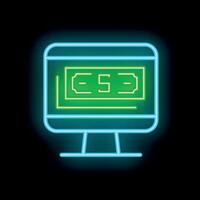 Glowing neon line computer monitor with dollar bill icon isolated on black background. Internet banking concept. illustration vector
