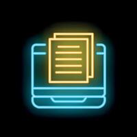 Neon icon of documents appearing from laptop screen displaying online education or digital document concept vector
