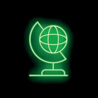 Green neon globe icon glowing on dark background vector