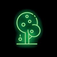 Bright green neon sign depicting a tree with apples on a black background vector