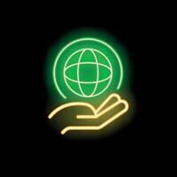 Neon style hand holding a world globe on black background vector