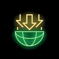 Neon arrows pointing down to planet earth icon vector