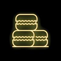 Yellow neon sign of three delicious macarons forming a pyramid on a black background vector