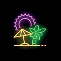 Neon sign showing sun shining over palm tree and beach umbrella vector