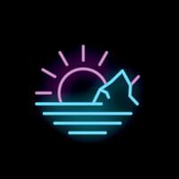 Neon icon of sun setting behind mountains reflecting on water vector