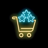 Neon shopping cart icon with stars representing customer review vector
