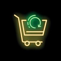 Neon shopping cart with rotating arrows sign representing repeat purchases vector