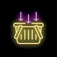 Neon sign of arrows pointing down at shopping basket on black background vector