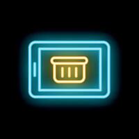 Neon sign showing smartphone displaying shopping basket icon on black background vector