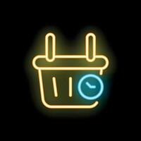 Neon shopping basket icon with clock showing express delivery time vector