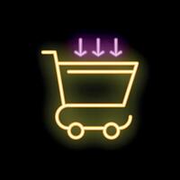 Shopping cart neon sign with arrows pointing down representing online shopping vector