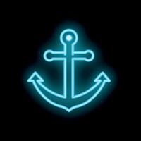 Blue neon sign showing an anchor symbol on a black background vector