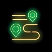 Neon green location pin showing route on black background vector