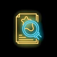 Neon magnifying glass examining document for fraudulent activity vector