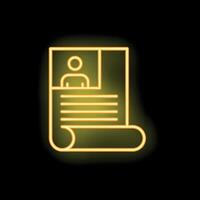 Neon icon of curriculum vitae document glowing on black background vector