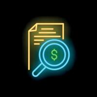 Neon icon of magnifying glass searching for money in document vector