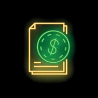 Glowing neon icon of financial documents with dollar coin symbol for business and finance themes vector