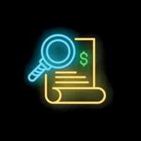 Neon icon of magnifying glass examining financial document for audit vector