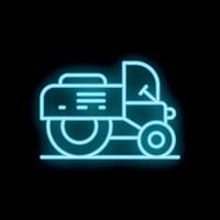 Neon road roller building icon glowing on dark background vector