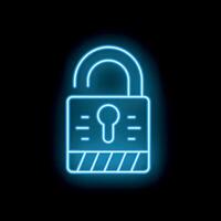 Blue neon open padlock glowing on black background vector