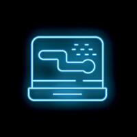 Neon blue laptop showing analytics data on screen icon on black background vector