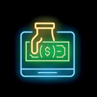Neon sign representing online payment with hand taking banknote from smartphone vector