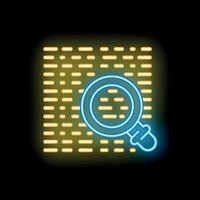 Neon magnifying glass searching for data pattern vector