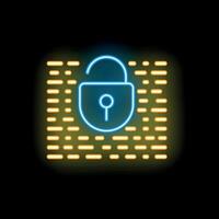 Blue neon open padlock and data protecting concept icon vector