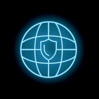 Neon blue shield protecting a globe on a black background vector