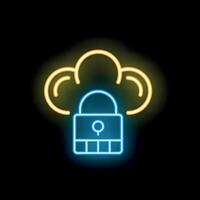 Neon icon of a padlock protecting cloud data vector