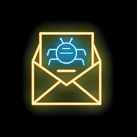 Neon icon of open envelope containing letter with computer bug showing cyber security threat vector