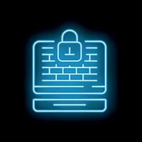 Neon blue cyber security icon with locked computer and server vector