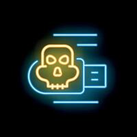 Neon usb flash drive spreading virus malware with skull and crossbones symbol vector