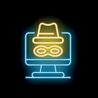 Neon icon of hacker using computer for cybercrime, hacking attack vector