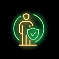 Neon icon of a person holding a shield with check mark symbol vector
