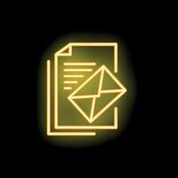 Neon icon of envelope lying on paper document glowing yellow vector