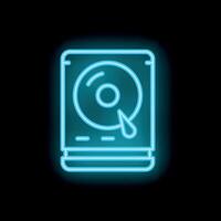 Neon hard disk drive icon glowing on dark background vector