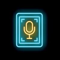 Neon sign of smartphone displaying recording symbol on black background vector