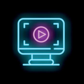 neón jugador en un computadora pantalla mostrando un jugar botón con brillante bordes en un negro antecedentes vector