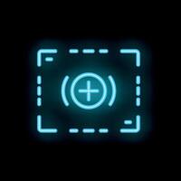 Neon icon of plus sign in square frame glowing on black background vector