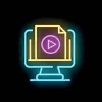 Neon icon of computer displaying file on black background vector