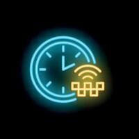 Neon icon of a clock showing time spent waiting for taxi vector