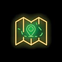 Neon map showing location with pin icon on black background vector