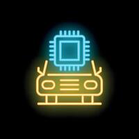 Neon icon of cpu chip processing over a car representing artificial intelligence vector