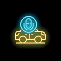 Neon icon of a car with a microphone representing voice control feature vector
