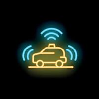 Neon sign of connected car with wifi signal on black background vector