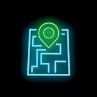 Neon green location pin on blue labyrinth on black background vector