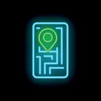 Neon map application showing location with pin icon on smartphone screen vector